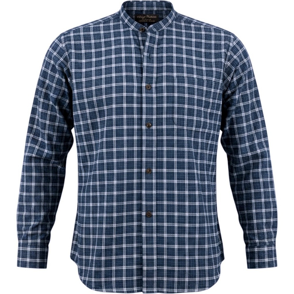Lee Valley Ireland Grandfather Shirt XL Navy Blue Plaid Flannel Band Collar Mens